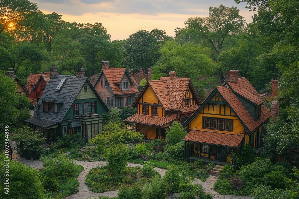 vibrant aerial view of a cheerful neighborhood showcasing colorful houses nestled among lush green trees with sunlight casting playful shadows vibrant aerial view of a cheerful neighborhood showcasing colorful houses nestled among lush green trees with sunlight casting playful shadows