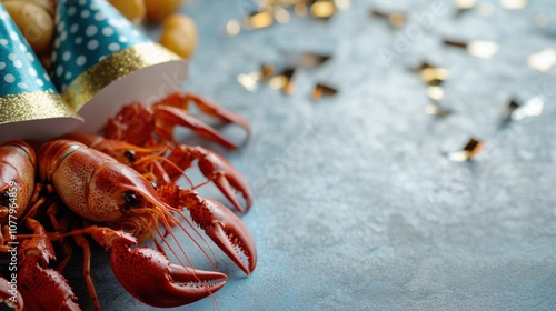 Festive swedish crayfish party flat lay for traditional kräftskiva celebration photo