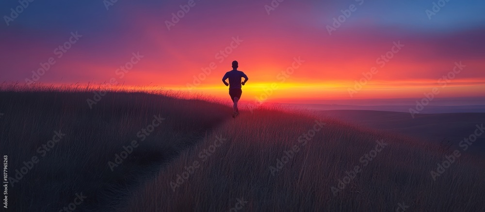 Fototapeta premium A lone runner silhouetted against a vibrant sunset, with a mountain range in the background.