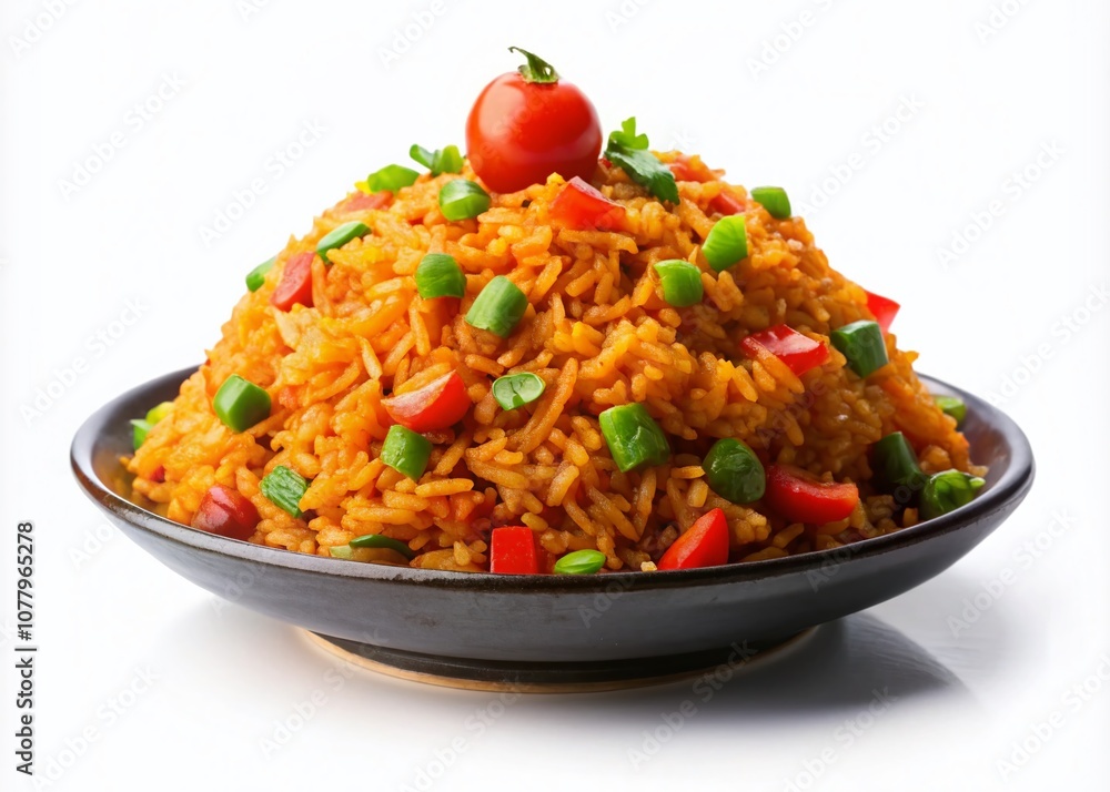 Jollof Rice Isolated on a Clean Surface with High Depth of Field for Culinary Photography and Food Blogging, Showcasing Vibrant Colors, Textures, and Ingredients for Delicious Dishes Jollof Rice Isolated on a Clean Surface with High Depth of Field for Culinary Photography and Food Blogging, Showcasing Vibrant Colors, Textures, and Ingredients for Delicious Dishes