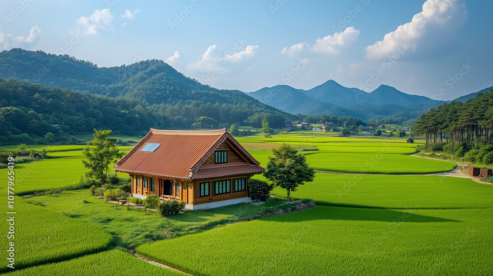 A traditional house sits gracefully among vibrant green rice fields, surrounded by verdant trees and majestic mountains under a bright blue sky. A traditional house sits gracefully among vibrant green rice fields, surrounded by verdant trees and majestic mountains under a bright blue sky.