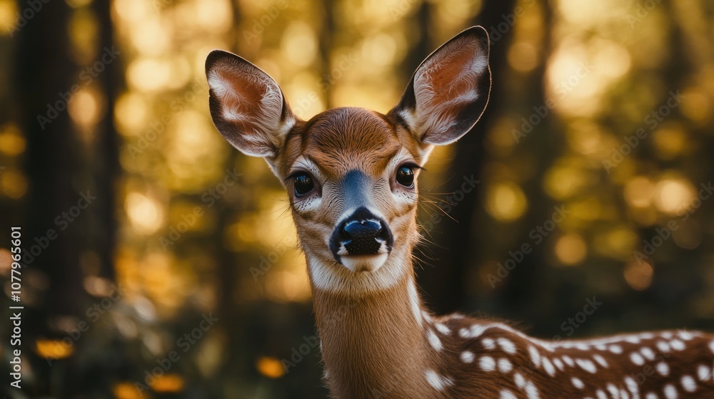 A young fawn with large ears and spots stands in a forest, looking directly at the camera. A young fawn with large ears and spots stands in a forest, looking directly at the camera.