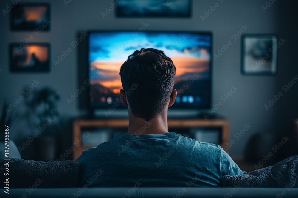 Fototapeta premium Man engrossed in viewing connected television screen in cozy living room setting