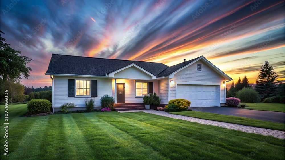 Long Exposure of a Charming Suburban House with White Exterior and Black Door Surrounded by a Lush Grassy Lawn in a Peaceful Neighborhood Setting Long Exposure of a Charming Suburban House with White Exterior and Black Door Surrounded by a Lush Grassy Lawn in a Peaceful Neighborhood Setting