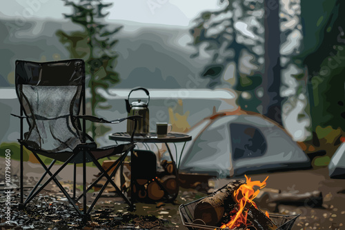 Fall campsite with campfire and orange tent Empty Chairs and Benches Around a Campfire in Autumn