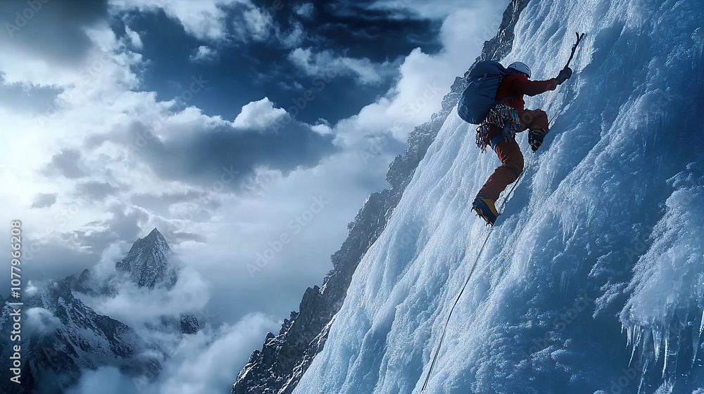 A mountain climber climbing the side of an icy, snowy peak, with dramatic clouds overhead, realistic photography A mountain climber climbing the side of an icy, snowy peak, with dramatic clouds overhead, realistic photography