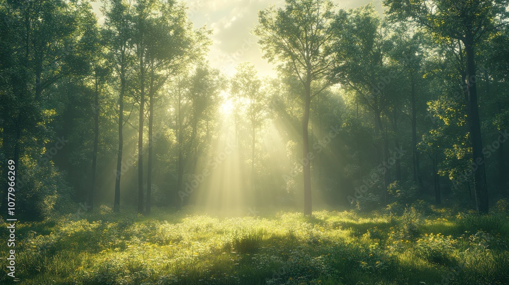 Sunlight beams through the trees in a misty forest. Sunlight beams through the trees in a misty forest.