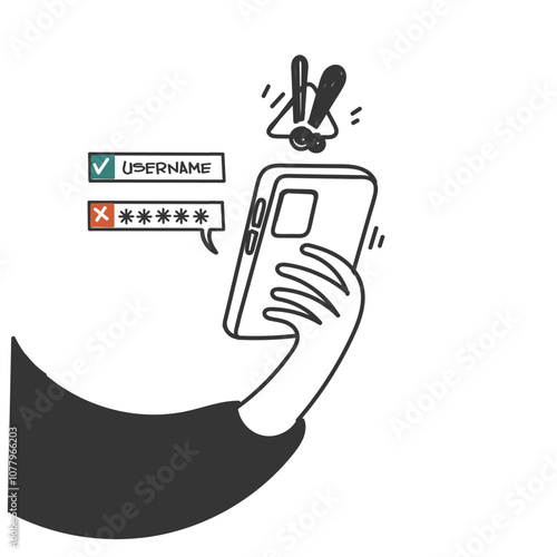 right user name and wrong password verification login on mobile phone doodle cartoon drawn style