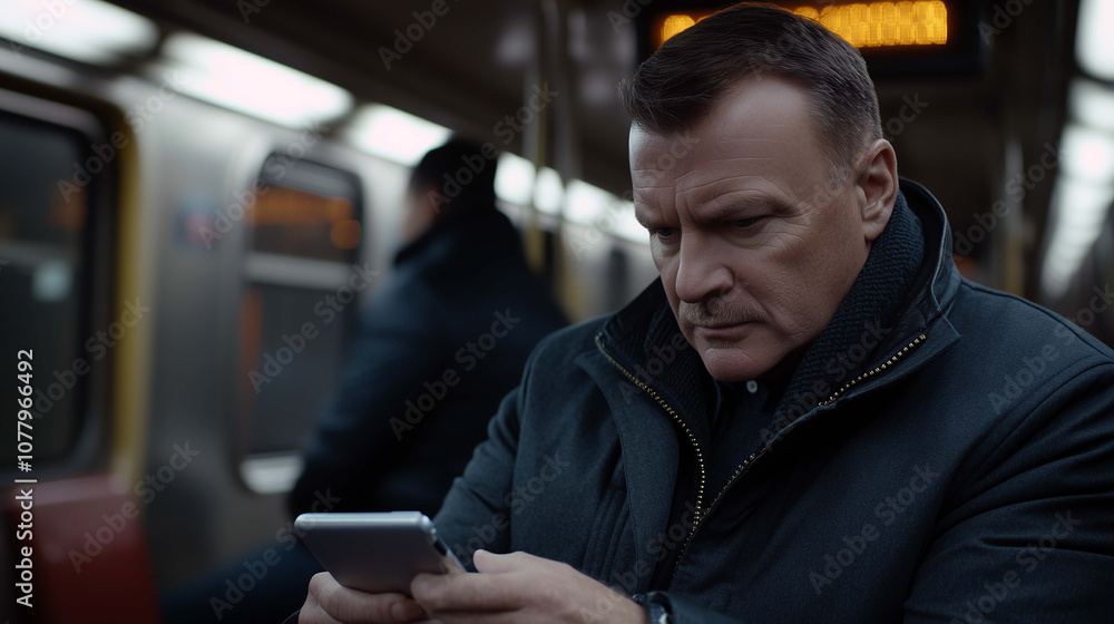 Mobile Multitasking, Man Uses Phone for Business and Personal Tasks While on the Subway Mobile Multitasking, Man Uses Phone for Business and Personal Tasks While on the Subway
