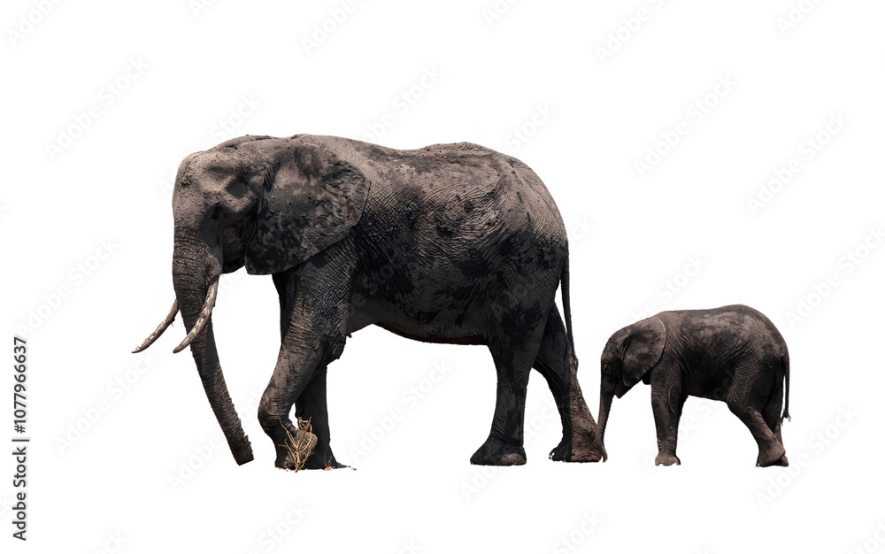 Naklejka premium African elephant mother and baby isolated on white transparent, huge safari animals