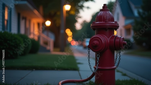 A red fire hydrant with a chain on it is on a sidewalk