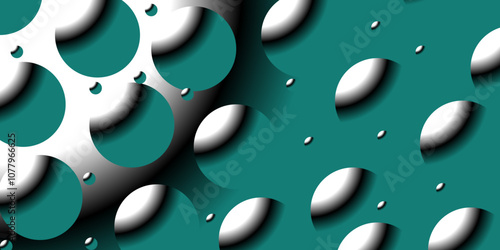  Minimalistic geometric background in soft emerald multi colors with circles. Trendy volumetric 3d balls background design. Design for poster, template on web, backdrop, banner, brochure, website, 