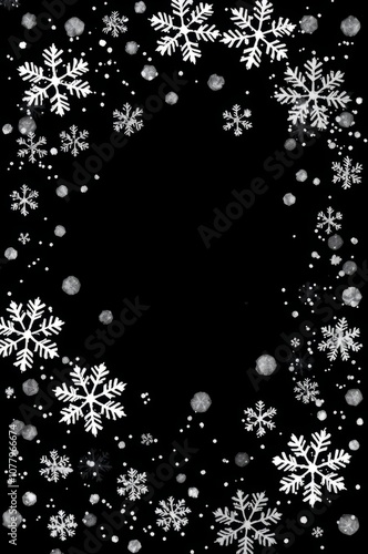 Winter snowflakes frame, black background, delicate white snowflakes, intricate crystal patterns, soft ethereal glow, holiday border design, falling snow effect, elegant festive illustration, monochro photo