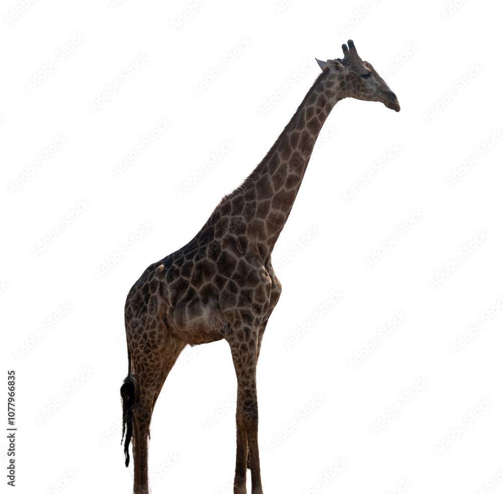 Obraz premium Giraffe isolated on white, transparent. Long neck safari animal at national park in Africa