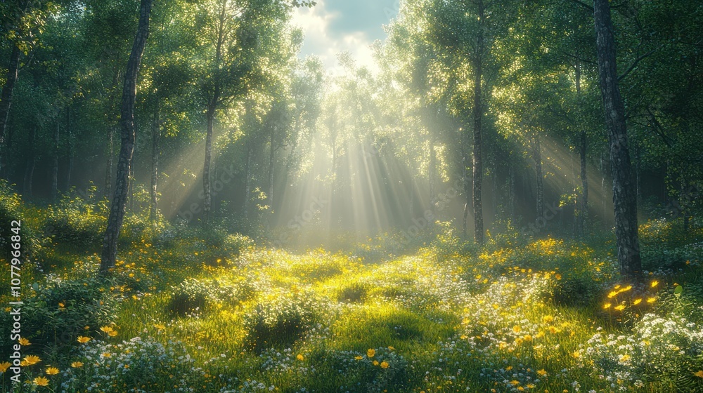 Obraz premium Sunbeams illuminate a lush forest clearing with wildflowers.
