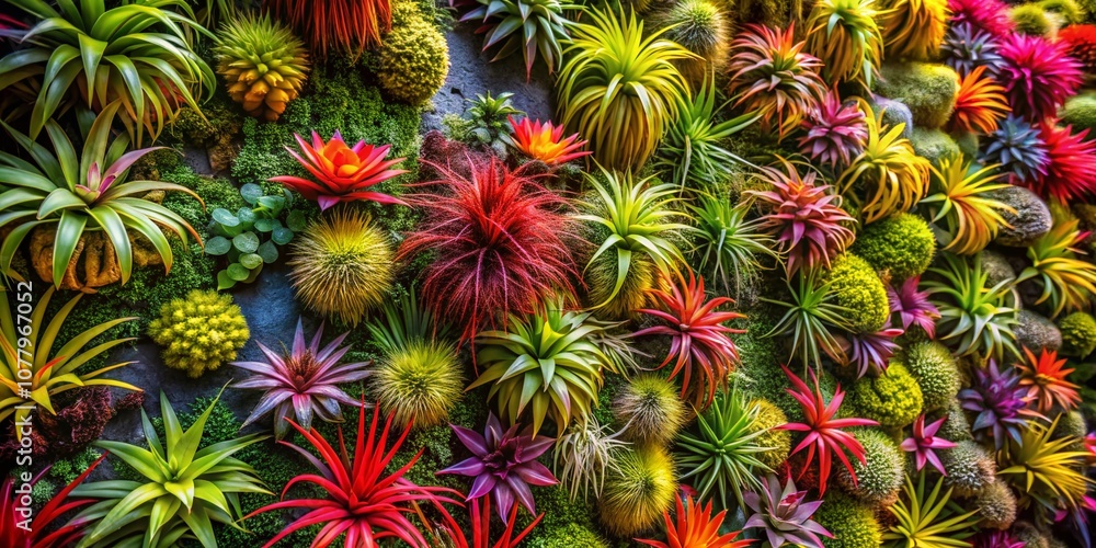 Lush Green Wall of Air Plants Showcasing the Beauty of Nature's Resilience with Vibrant Colors and Intricate Textures in a Close-Up Macro Photography Style Lush Green Wall of Air Plants Showcasing the Beauty of Nature's Resilience with Vibrant Colors and Intricate Textures in a Close-Up Macro Photography Style