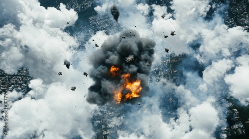 Aerial view of military aircraft dropping bombs over a city, with smoke and fire rising from the target area, capturing the intense and impactful moment of the strike.