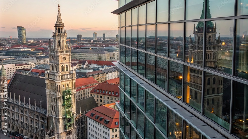 Obraz premium Macro Photography of a Modern Hochhaus in München Showcasing Architectural Details, Glass Facades, and Urban Aesthetics in a Vibrant Cityscape