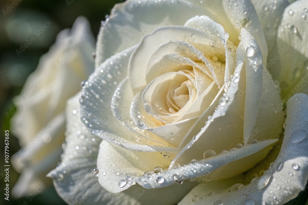 Macro Photography of a Stunning White Rose Flower with Delicate Petals and Dew Drops Capturing the Essence of Nature's Beauty in Vibrant Detail Macro Photography of a Stunning White Rose Flower with Delicate Petals and Dew Drops Capturing the Essence of Nature's Beauty in Vibrant Detail