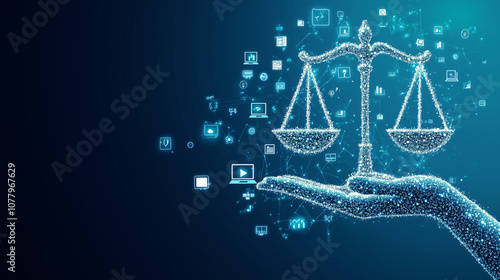 A person in a professional setting displays a balance scale, symbolizing justice, while digital icons float around, indicating the fusion of law and technology in contemporary practice.
