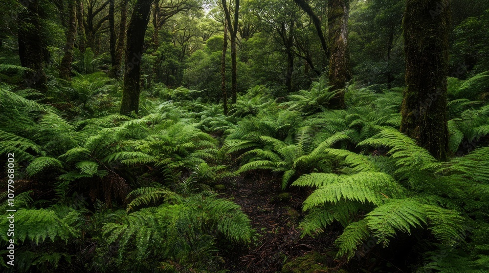 A lush, green fern forest with tall trees and a misty atmosphere. A lush, green fern forest with tall trees and a misty atmosphere.
