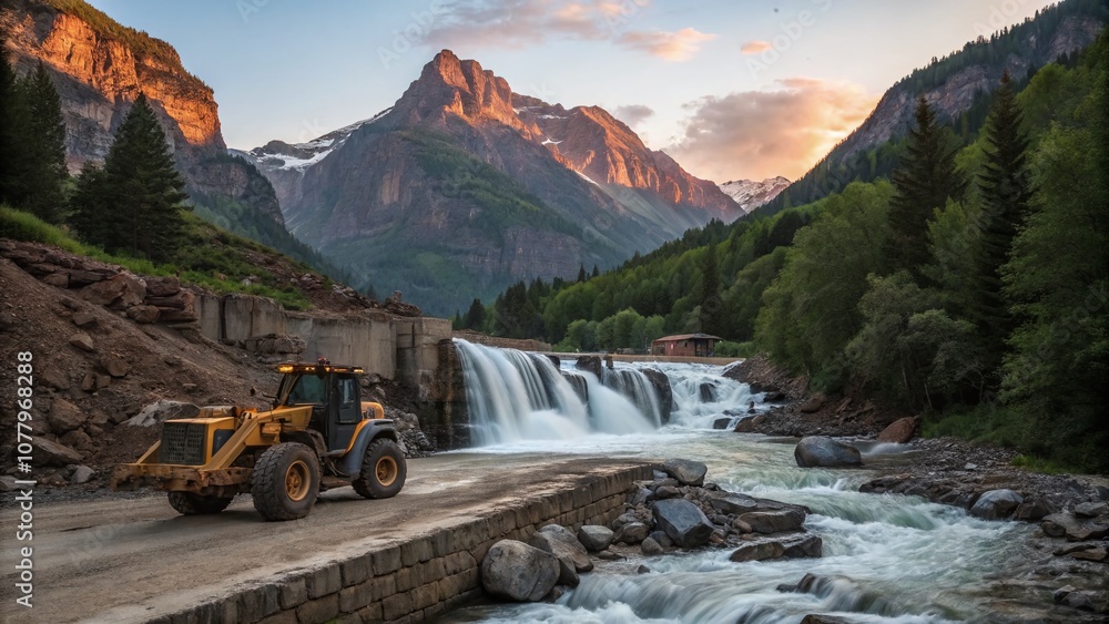 Majestic Construction Vehicle by a Waterfall in a Serene Mountain Landscape, Captured with Long Exposure Technique for Dramatic Effect and Vibrant Nature Colors Majestic Construction Vehicle by a Waterfall in a Serene Mountain Landscape, Captured with Long Exposure Technique for Dramatic Effect and Vibrant Nature Colors