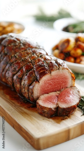 Gourmet delight: juicy grass-fed game meat roast with fresh herbs for culinary inspiration photo