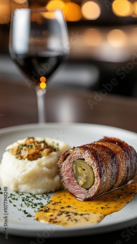 Gourmet dinner with beef rouladen and mashed potatoes in elegant setting photo