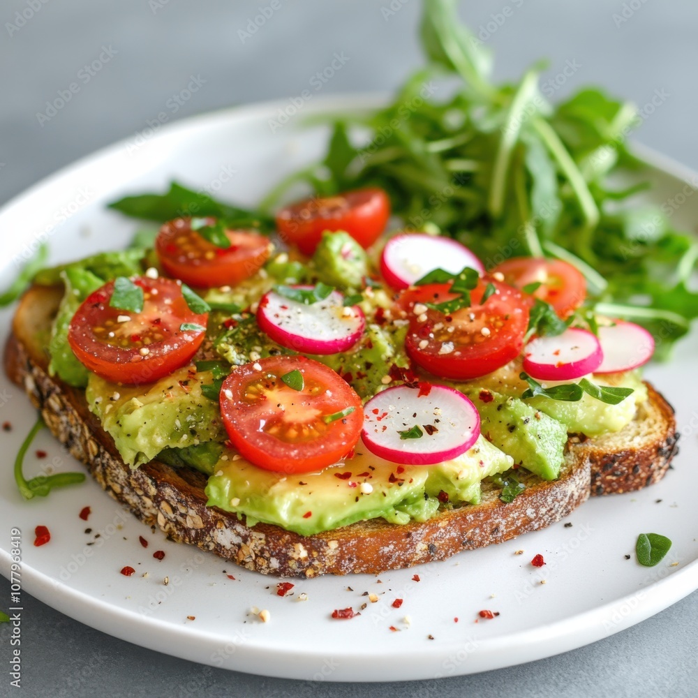A fresh and vibrant avocado toast topped with cherry tomatoes, radish slices, and a sprinkle of red pepper flakes A fresh and vibrant avocado toast topped with cherry tomatoes, radish slices, and a sprinkle of red pepper flakes