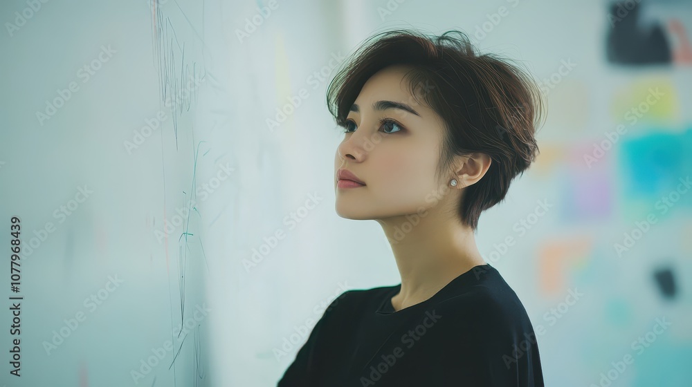 Focused Asian woman, short hair, black shirt, writing on a whiteboard during a team meeting Focused Asian woman, short hair, black shirt, writing on a whiteboard during a team meeting