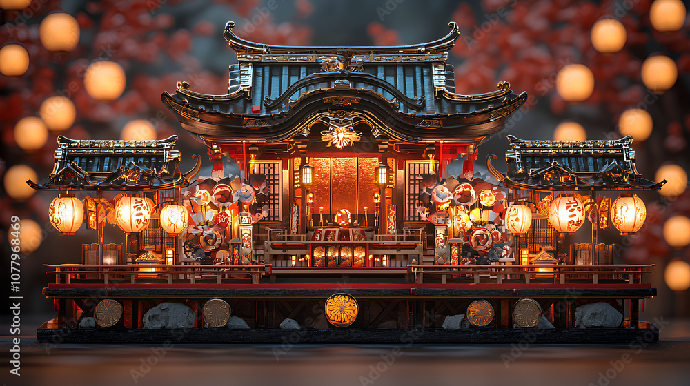 Fototapeta premium Japanese Temple Miniature with Lanterns and Decorations