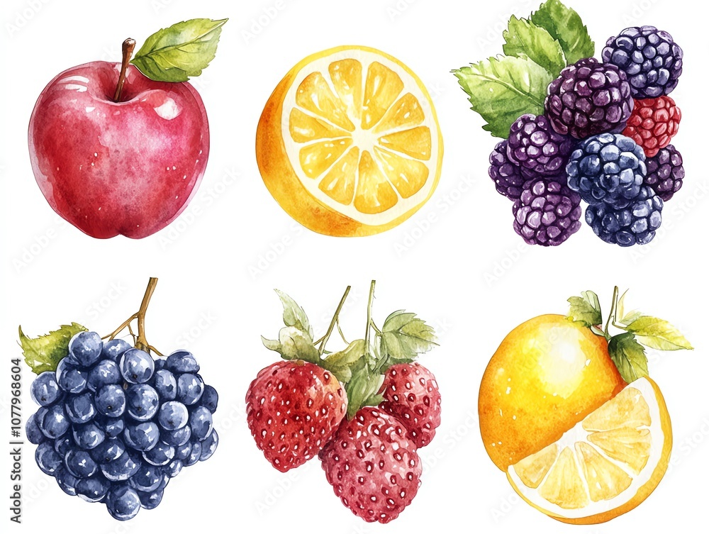 Watercolor illustration of a red apple, a half-cut lemon, a bunch of blackberries, a bunch of grapes, two strawberries and a halved orange with a lemon slice on a white background. Watercolor illustration of a red apple, a half-cut lemon, a bunch of blackberries, a bunch of grapes, two strawberries and a halved orange with a lemon slice on a white background.