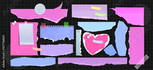 Ripped paper fragments in pink, purple and blue colors. Lined, dotted, plain torn sheets with tape pieces and pushpins. Heart and speech bubble shaped cutout scrapbook or newspaper decorative elements