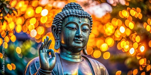 Majestic Giant Bronze Statue of Buddha Shaka Nyorai at Tennoji Temple in Yanaka Cemetery, Tokyo with a Beautiful Bokeh Effect Capturing the Essence of Tendai Buddhism photo