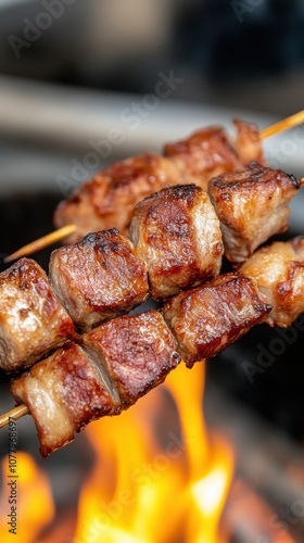 Grilled armenian khorovats bbq skewers with flames in outdoor cooking scene photo