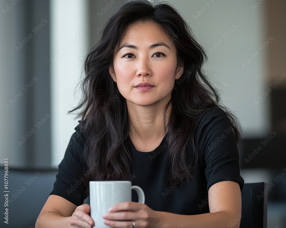 Thoughtful Asian woman, black shirt, holding coffee mug while brainstorming in a corporate meeting room Thoughtful Asian woman, black shirt, holding coffee mug while brainstorming in a corporate meeting room