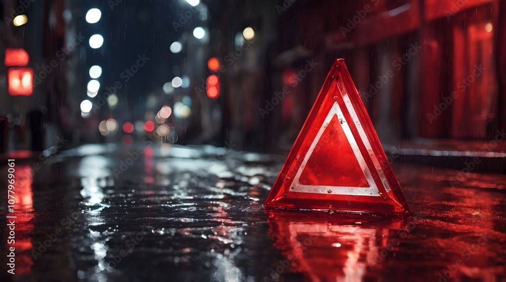 Red Emergency Triangle Reflecting in the Rain at Night.generative.ai