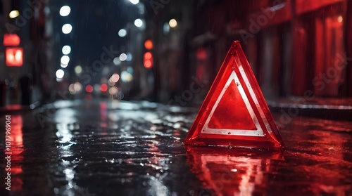 Obraz na płótnie Red Emergency Triangle Reflecting in the Rain at Night.generative.ai
w salonie