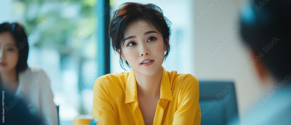 Confident Asian woman, pixie cut, grey blouse, standing in front of colorful office wall art Confident Asian woman, pixie cut, grey blouse, standing in front of colorful office wall art