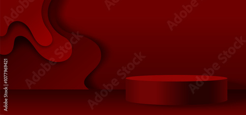 Deep red minimal composition with cylindrical podium on wavy backdrop. Studio setup with curved fluid shapes on background. Elegant display stand for product presentation or exhibition designs.