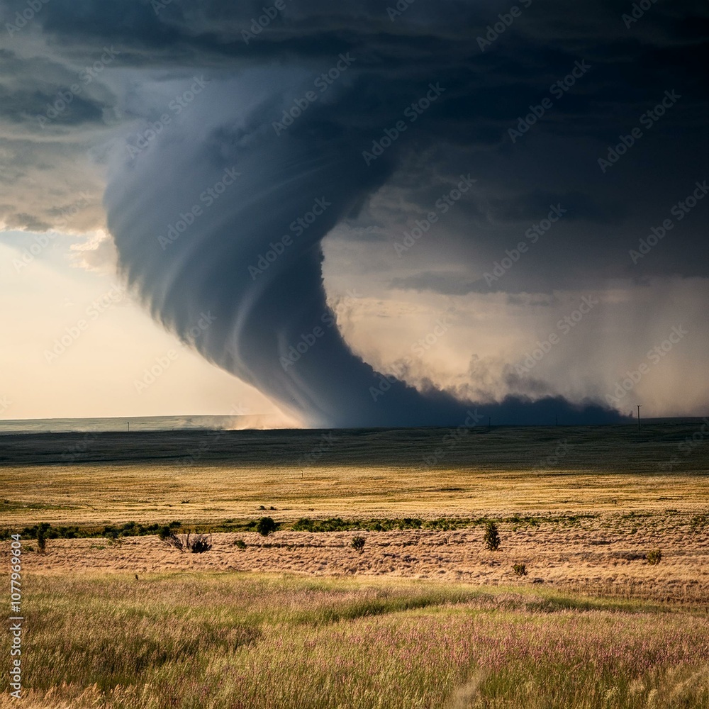 Fototapeta premium A massive tornado sweeps across the plains, tearing through everything in its path with fierce winds and towering funnels