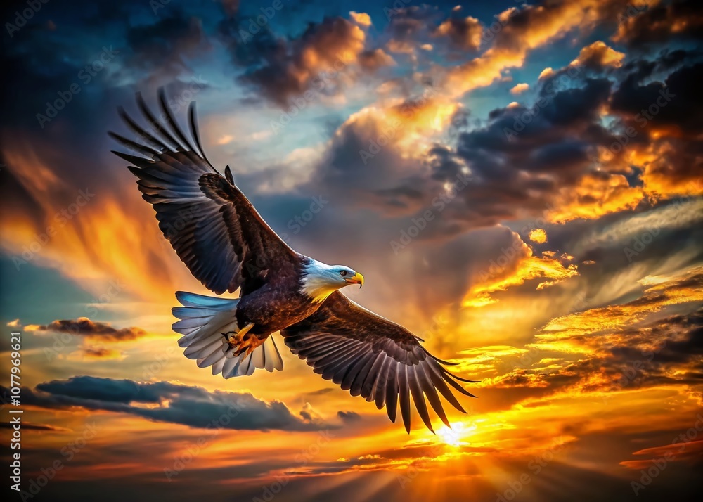 Fototapeta premium Majestic Soaring Eagle in Flight Against a Dramatic Low Light Sky at Dusk, Capturing the Grace and Power of Nature's Apex Predator in a Stunning Natural Setting