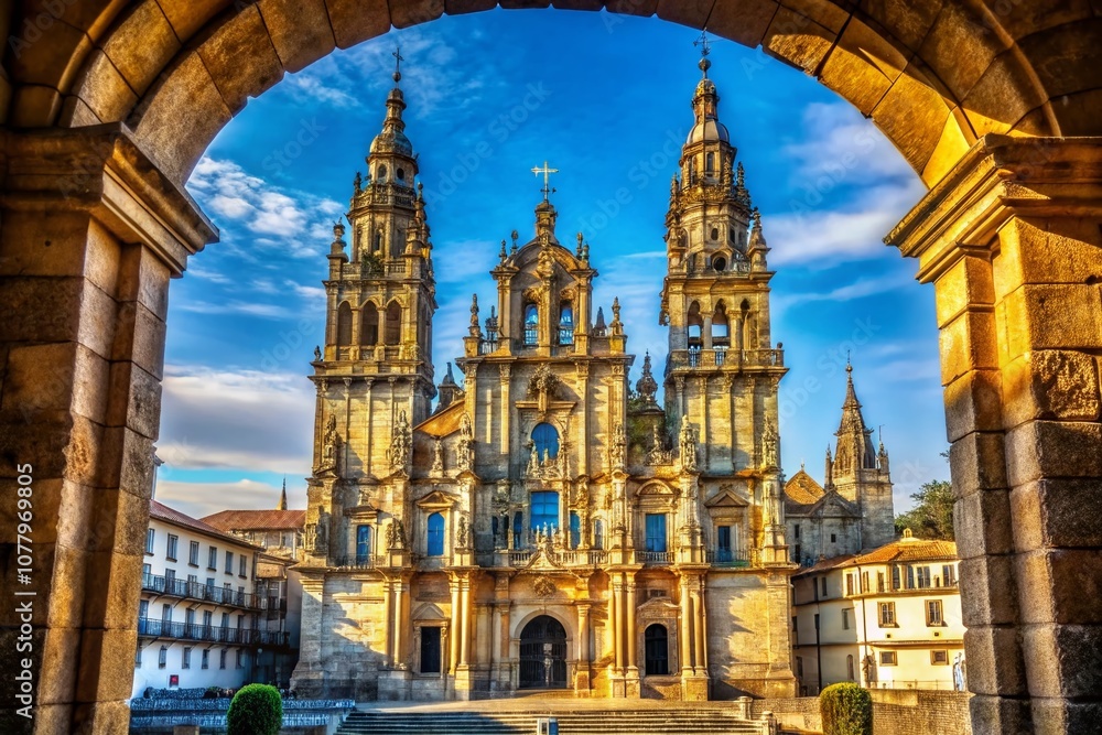 Fototapeta premium Majestic View of the Cathedral of Santiago with Stunning Architectural Details Captured Using the Rule of Thirds, Showcasing Its Intricate Facades and Surrounding Beauty