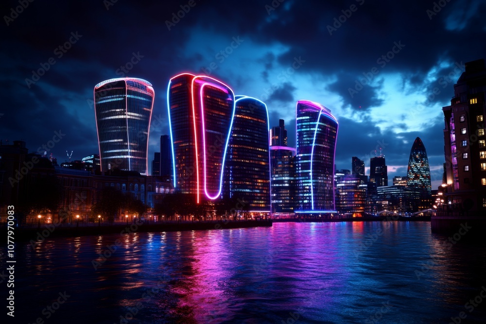 Fototapeta premium A futuristic skyline of London with high-tech buildings, holograms, and neon lights, reimagining the city in a sci-fi style