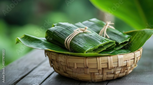 Indonesian galungan celebration minimalist flat lay with traditional leaf-wrapped offerings photo