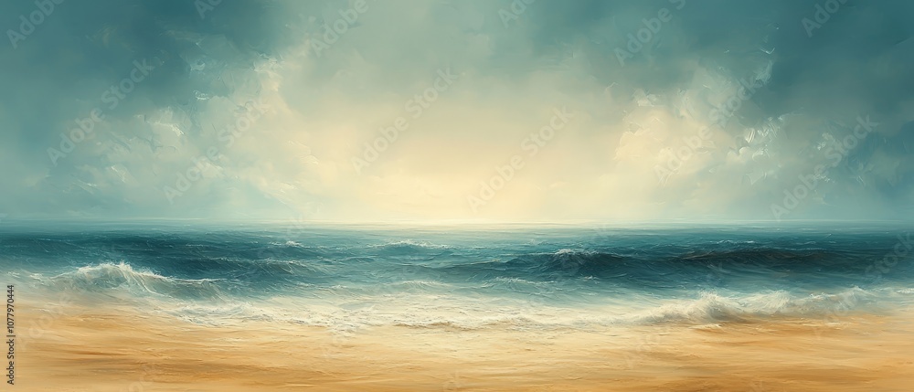 Serene beach scene with gentle waves and a soft, cloudy sky at dawn. Serene beach scene with gentle waves and a soft, cloudy sky at dawn.