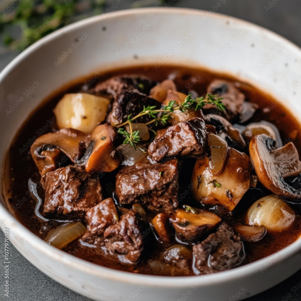 A hearty and flavorful beef bourguignon with tender beef, mushrooms, and onions in a rich red wine sauce A hearty and flavorful beef bourguignon with tender beef, mushrooms, and onions in a rich red wine sauce