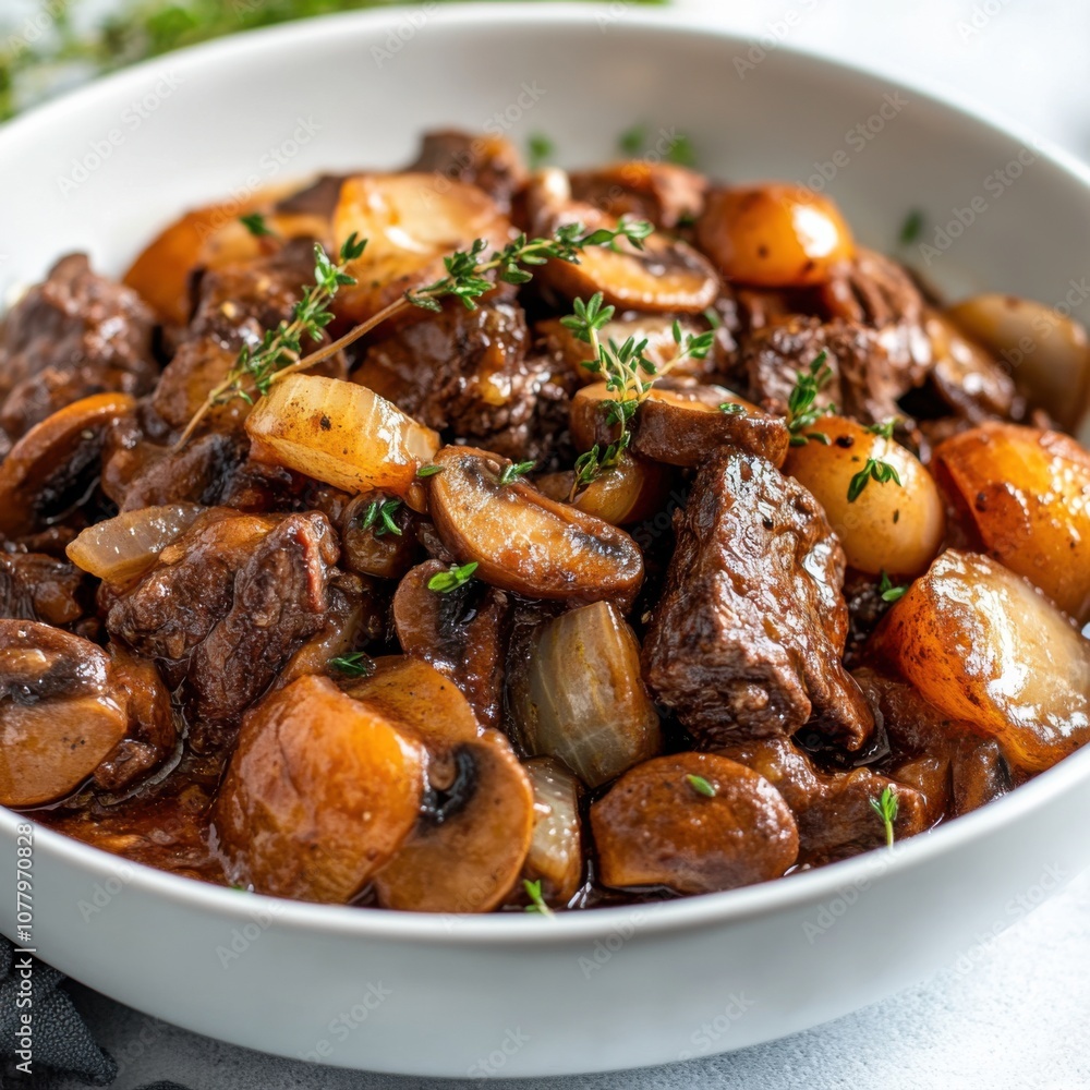 A hearty and flavorful beef bourguignon with tender beef, mushrooms, and onions in a rich red wine sauce A hearty and flavorful beef bourguignon with tender beef, mushrooms, and onions in a rich red wine sauce