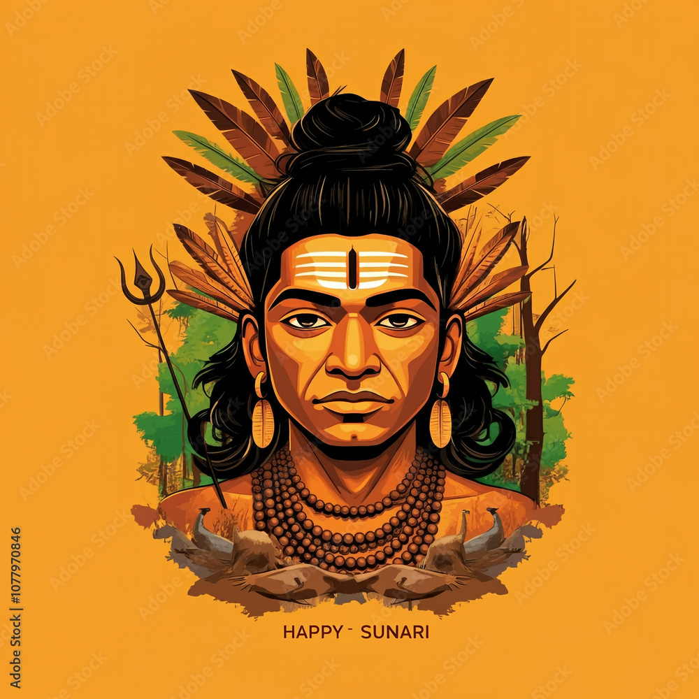 An artistic portrait of Lord Shiva with tribal influences, adorned with traditional markings and feathers. The vibrant orange background and natural elements add a modern twist to the depiction of the An artistic portrait of Lord Shiva with tribal influences, adorned with traditional markings and feathers. The vibrant orange background and natural elements add a modern twist to the depiction of the