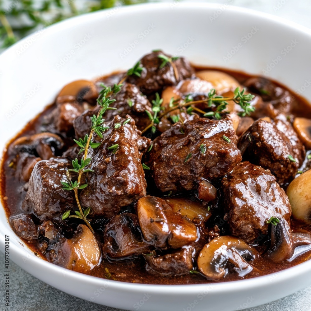 A hearty and flavorful beef bourguignon with tender beef, mushrooms, and onions in a rich red wine sauce A hearty and flavorful beef bourguignon with tender beef, mushrooms, and onions in a rich red wine sauce